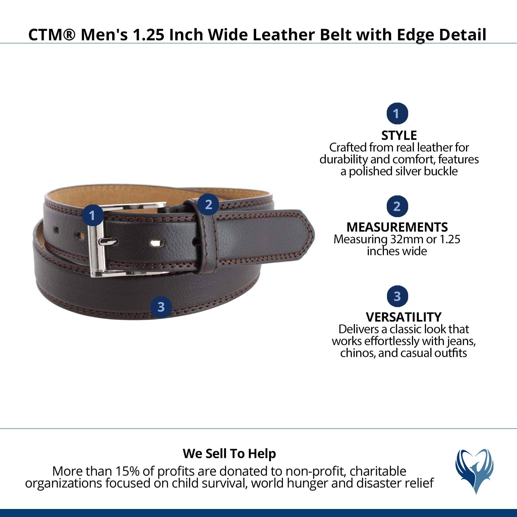 CTM® Men's 1.25 Inch Wide Leather Belt with Edge Detail - Brown