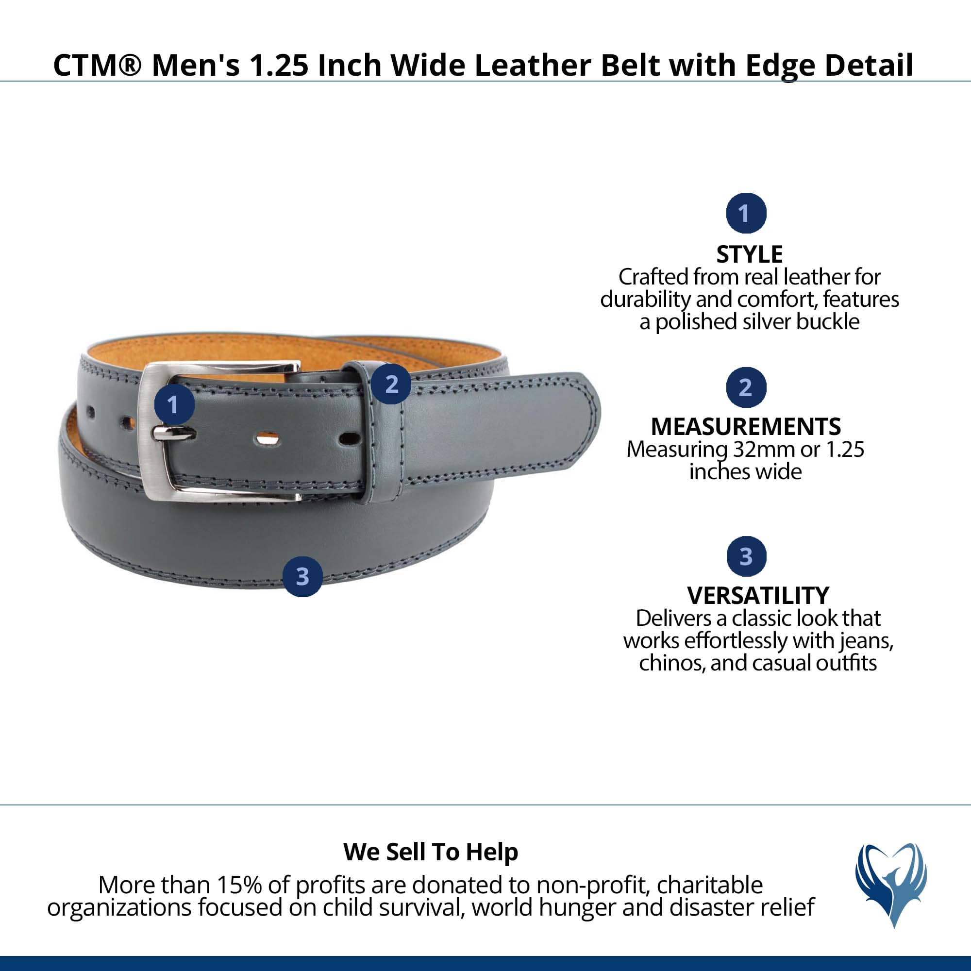 CTM® Men's 1.25 Inch Wide Leather Belt with Edge Detail - Gray