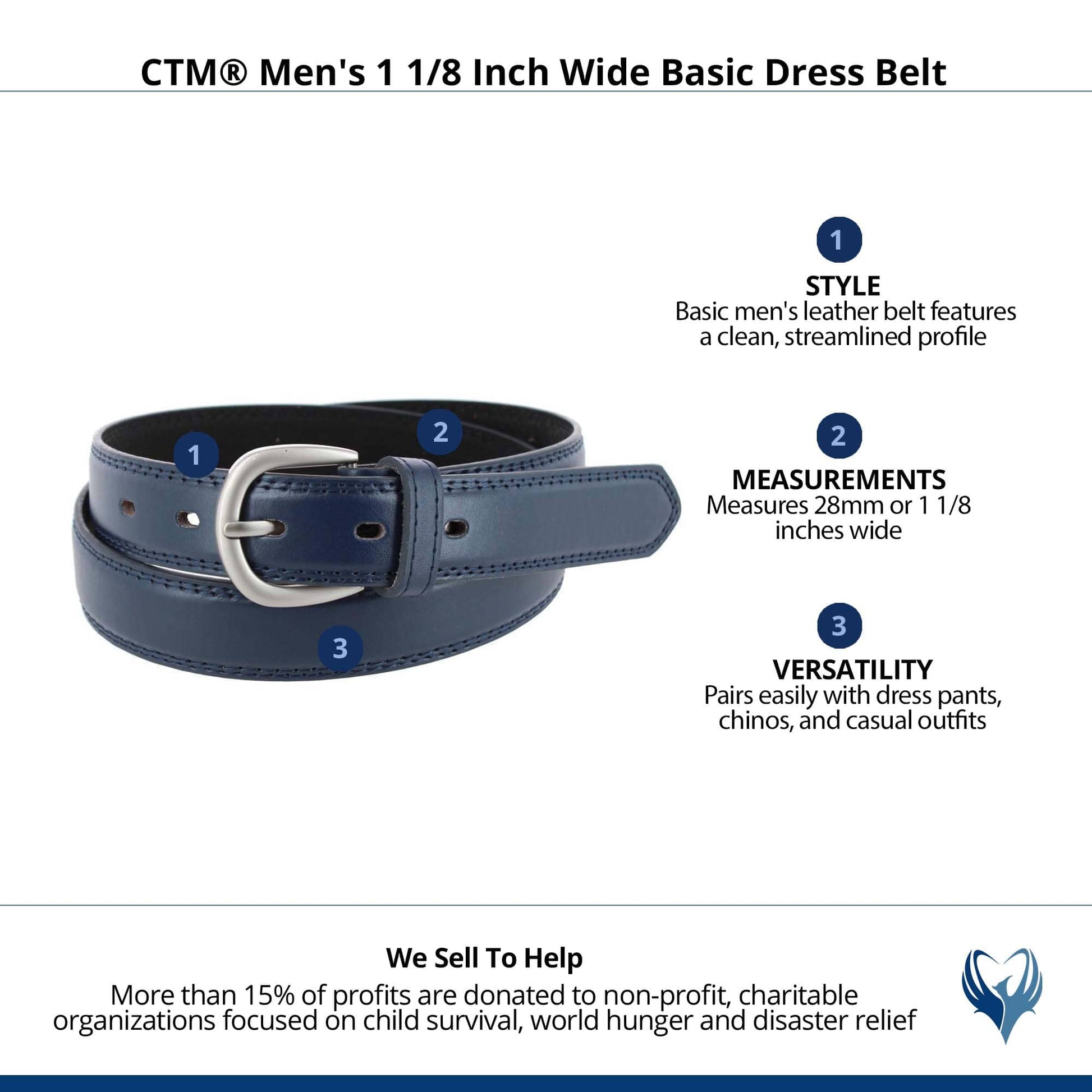CTM® Men's 1 1/8 Inch Wide Basic Dress Belt - Navy