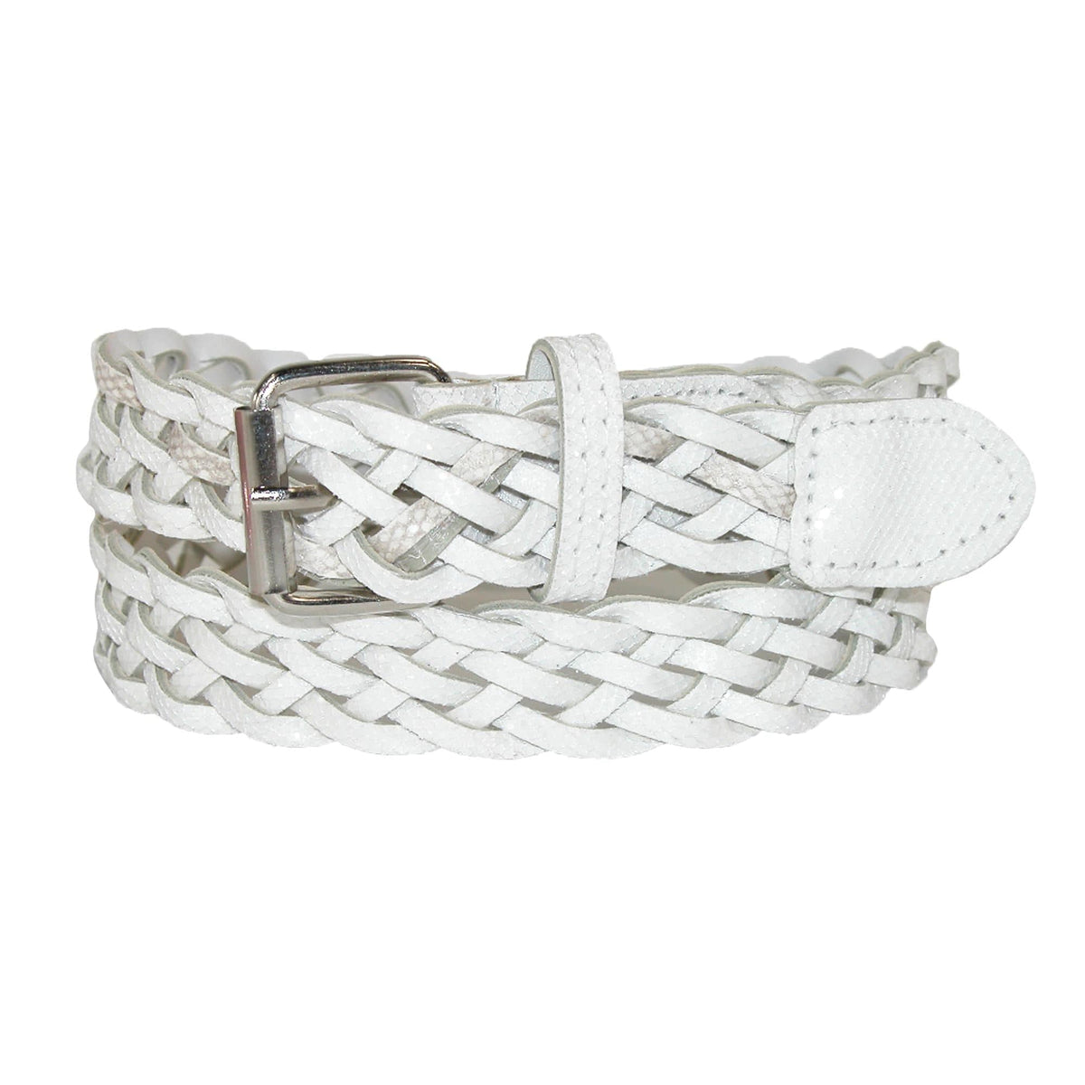CTM® Girls' 3/4 Inch Wide Metallic Braided Belt - White / Silver