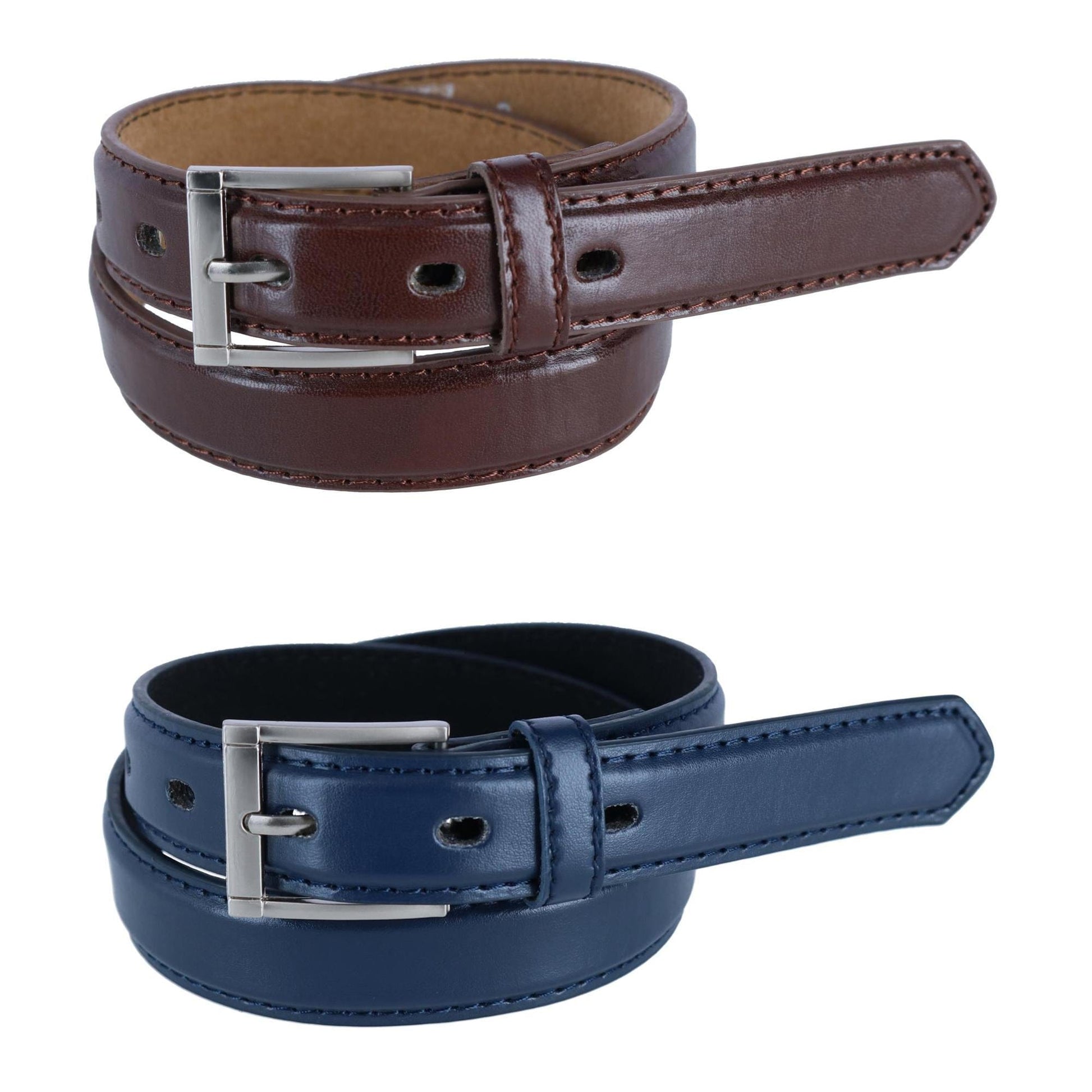 CTM® Kid's Leather 1 inch Dress Belt with Square Buckle (Pack of 2) - Brown & Navy