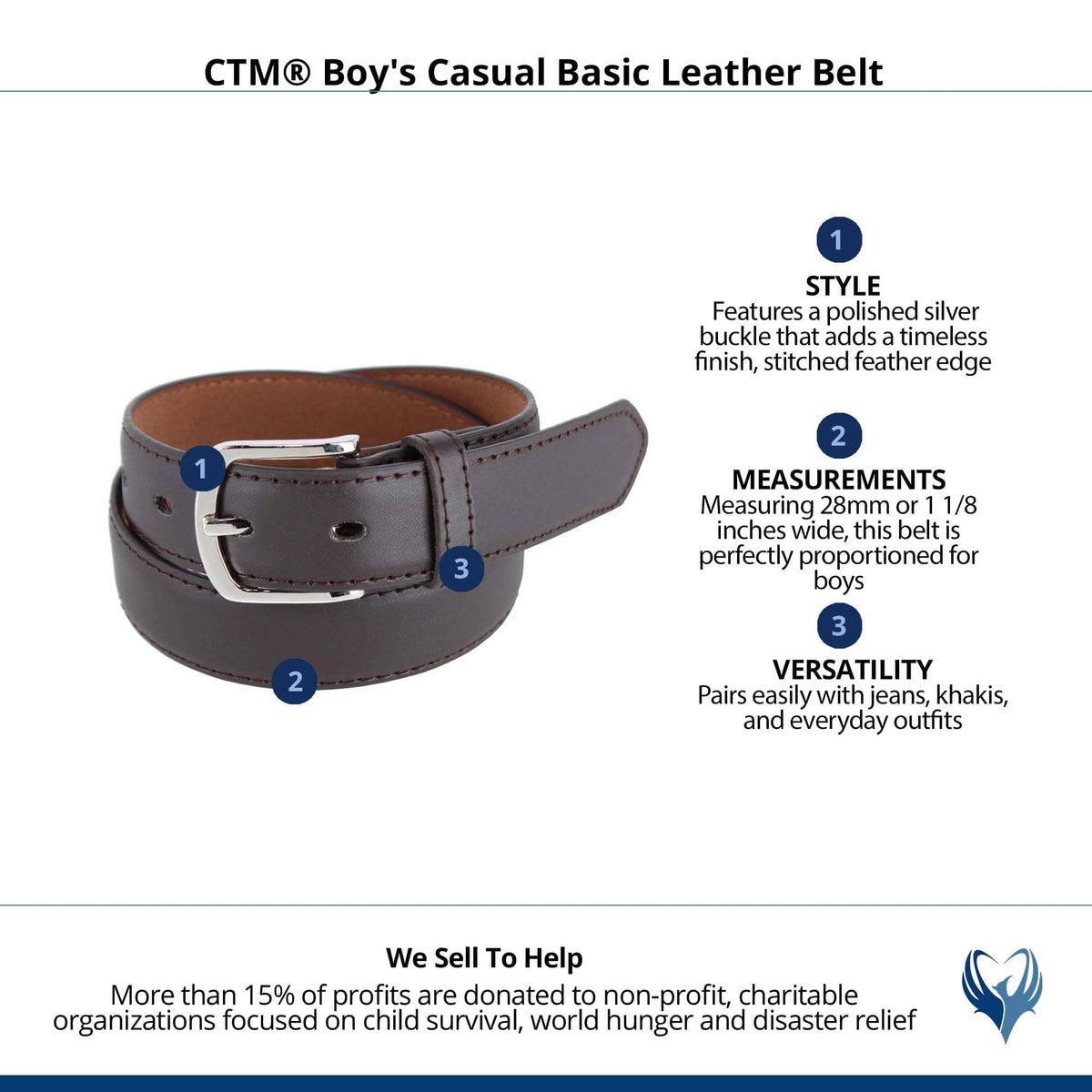 CTM® Boy's Casual Basic Leather Belt - Brown