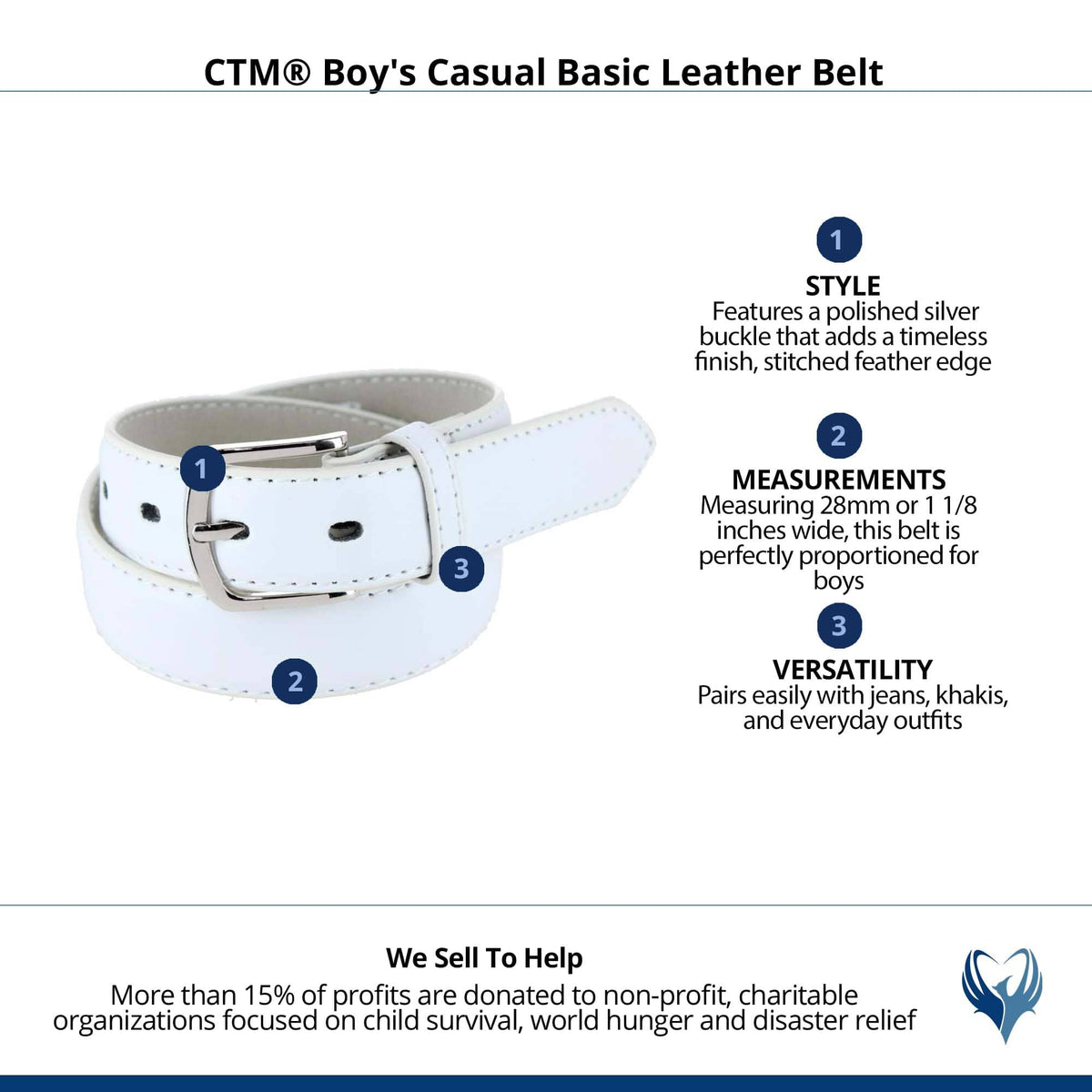 CTM® Boy's Casual Basic Leather Belt - White