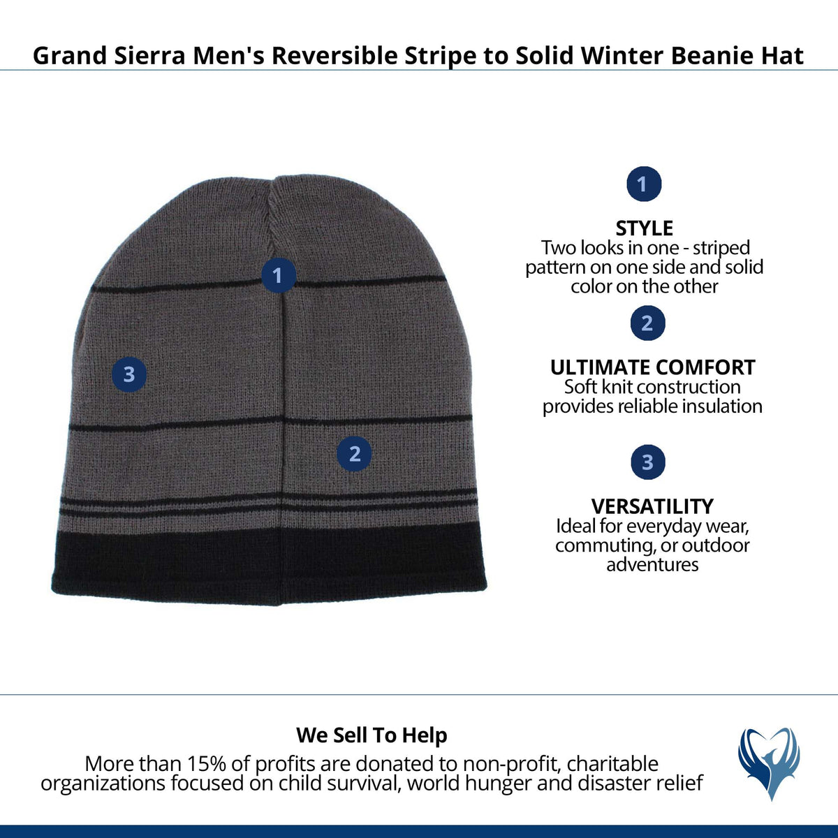 Grand Sierra Men's Reversible Stripe to Solid Winter Beanie Hat - Black