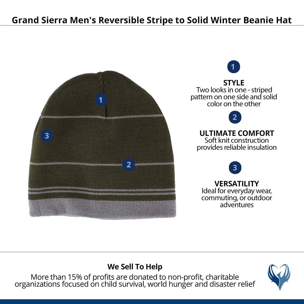 Grand Sierra Men's Reversible Stripe to Solid Winter Beanie Hat - Gray