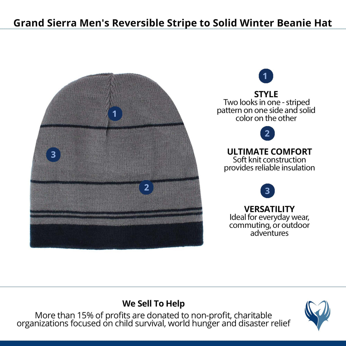 Grand Sierra Men's Reversible Stripe to Solid Winter Beanie Hat - Navy