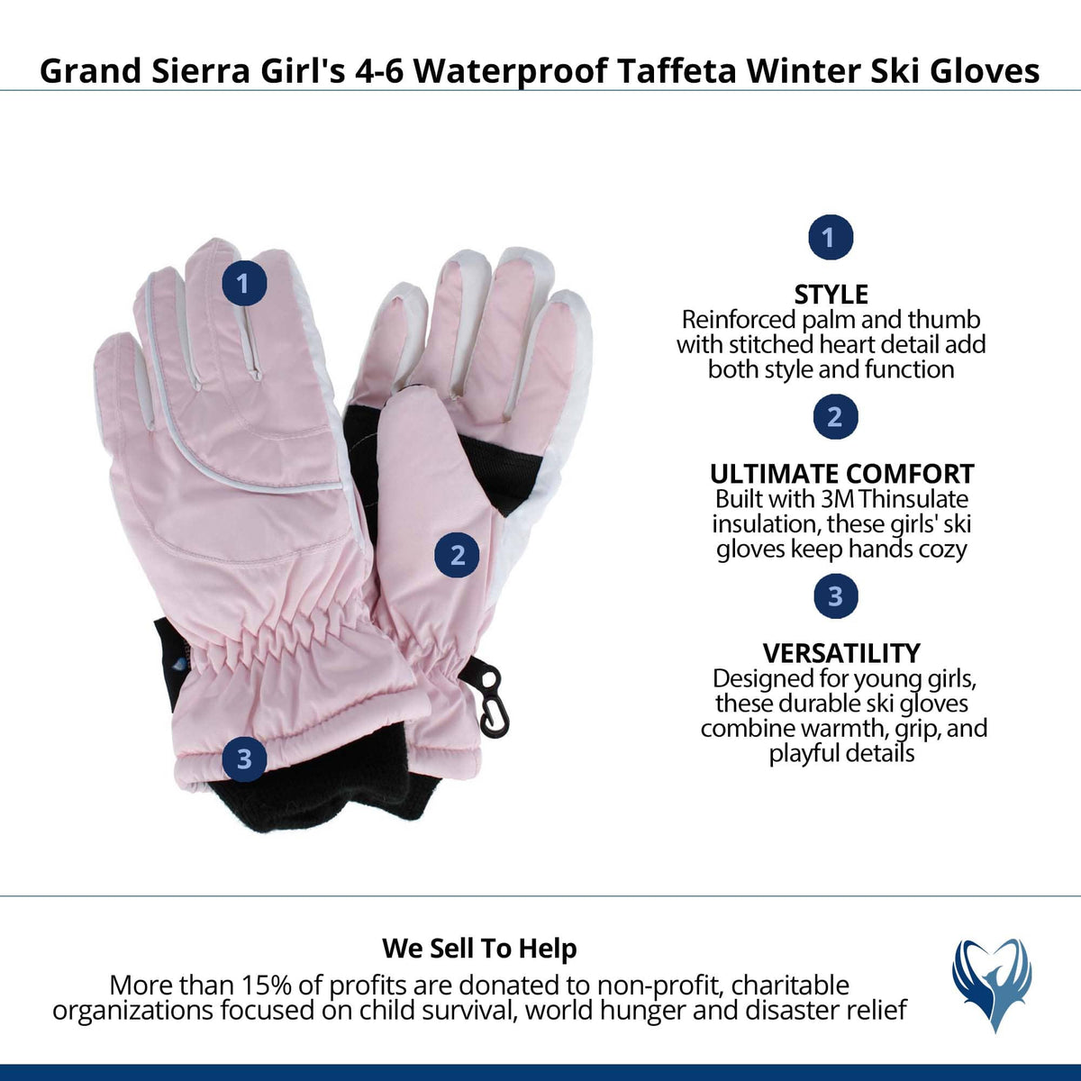 Grand Sierra Girl's 4-6 Waterproof Taffeta Winter Ski Gloves - Pink