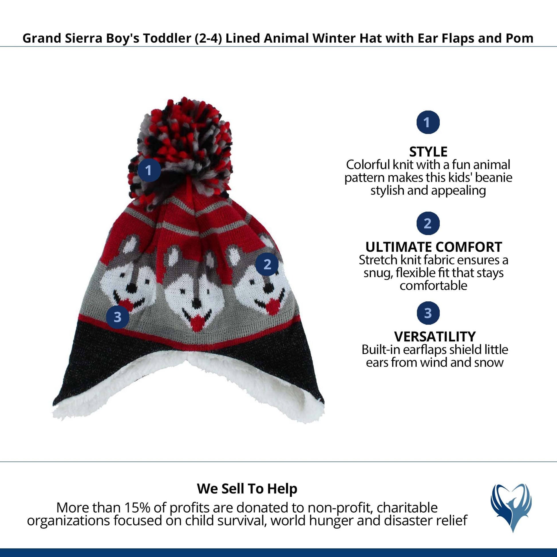 Grand Sierra Boy's Toddler (2-4) Lined Animal Winter Hat with Ear Flaps - Red