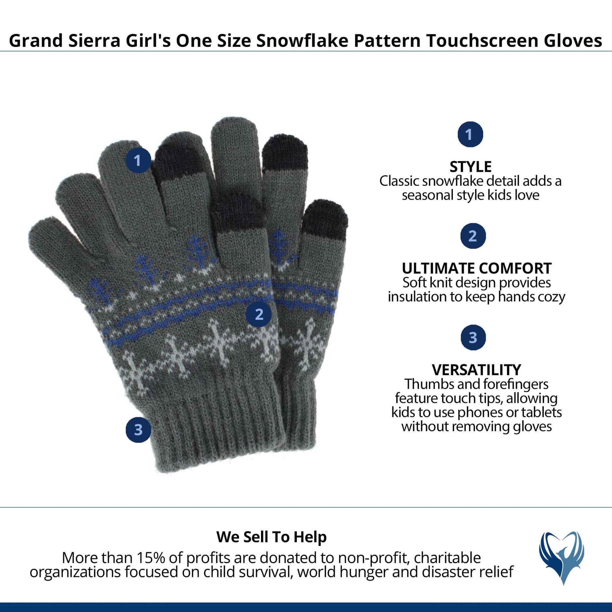 Grand Sierra Girl's One Size Snowflake Pattern Touchscreen Gloves - Gray