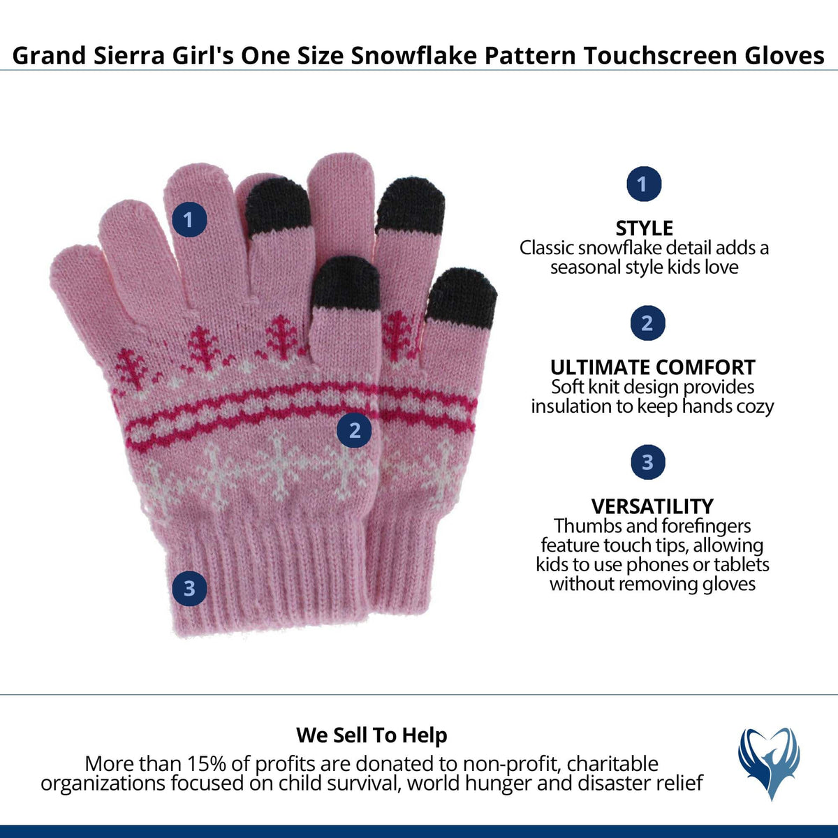 Grand Sierra Girl's One Size Snowflake Pattern Touchscreen Gloves - Pink