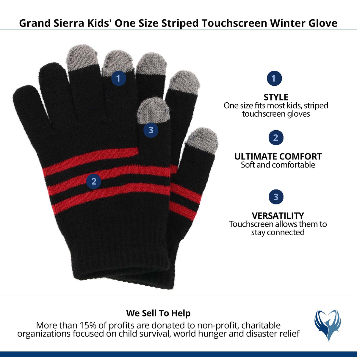 Grand Sierra Kids' One Size Striped Touchscreen Winter Glove - Black