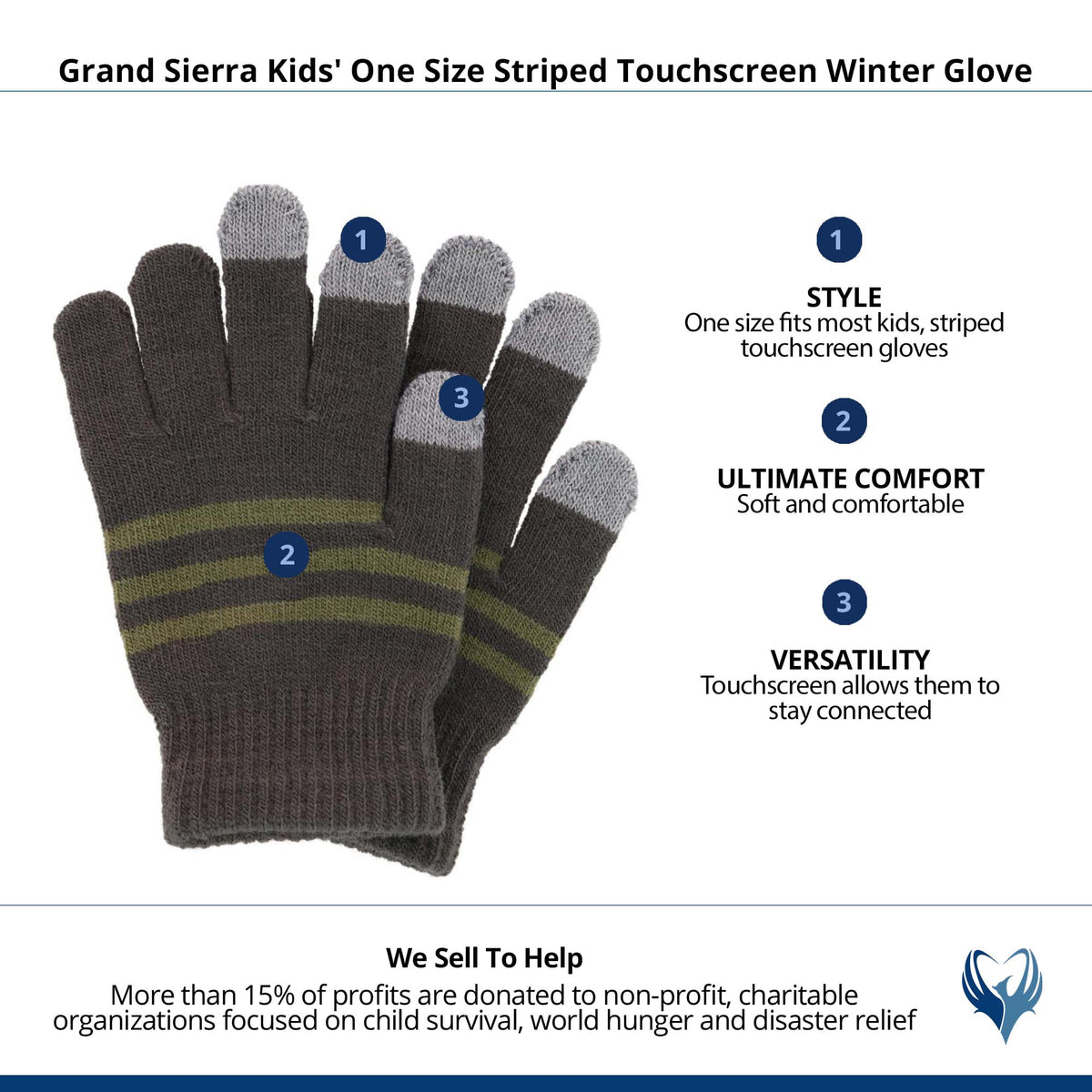 Grand Sierra Kids' One Size Striped Touchscreen Winter Glove - Dark Gray