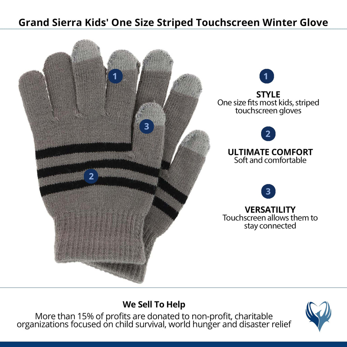 Grand Sierra Kids' One Size Striped Touchscreen Winter Glove - Light Gray