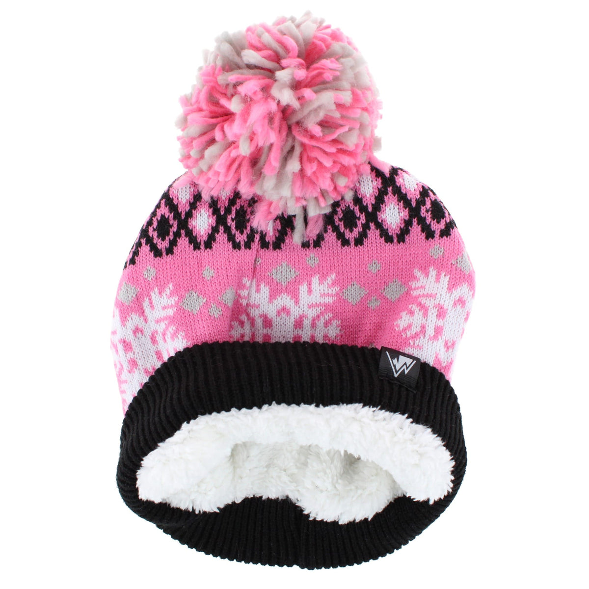 Grand Sierra Girls' Snowflake Fleece Lined Winter Beanie Hat with Pom - Pink