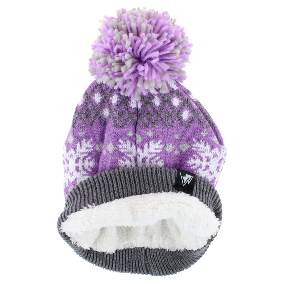 Grand Sierra Girls' Snowflake Fleece Lined Winter Beanie Hat with Pom - Purple