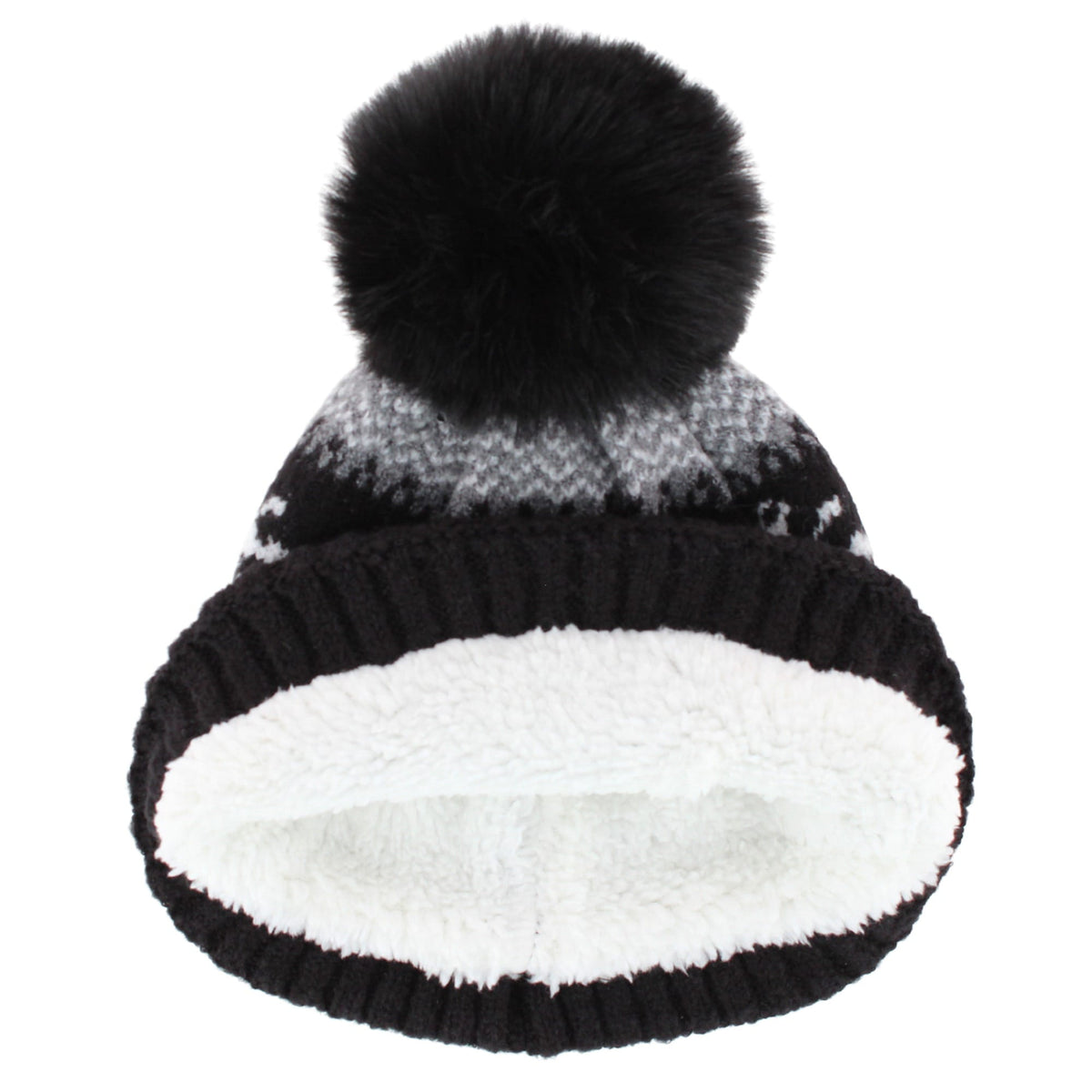 Grand Sierra Girls' Snowflake Fleece Lined Winter Beanie Hat with Faux Fur Pom - Black