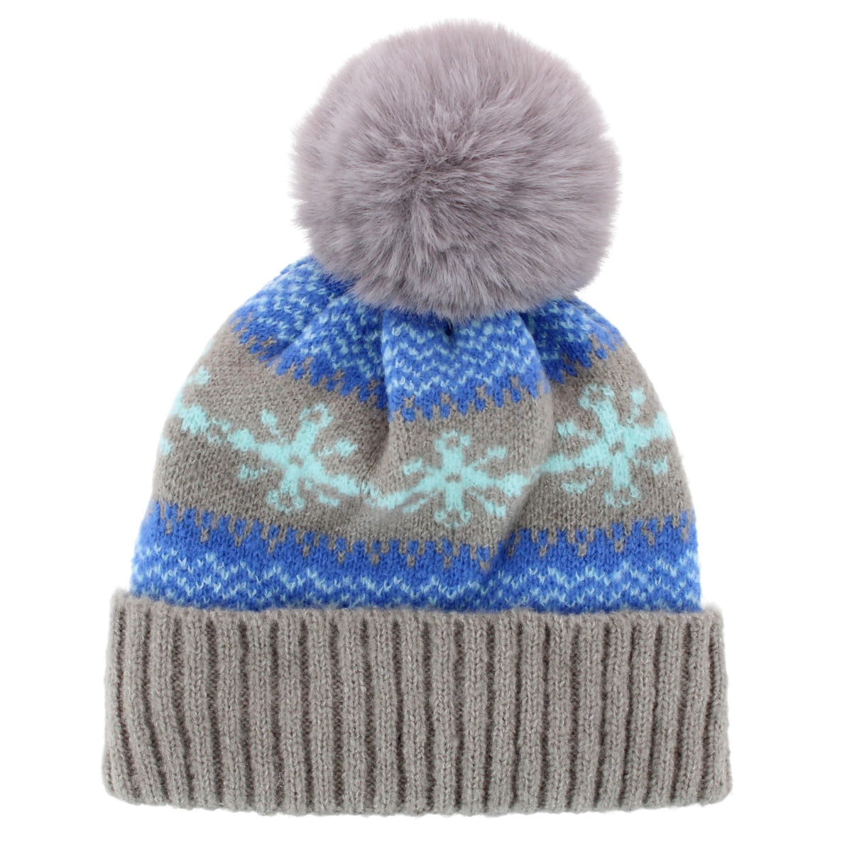 Grand Sierra Girls' Snowflake Fleece Lined Winter Beanie Hat with Faux Fur Pom - Grey
