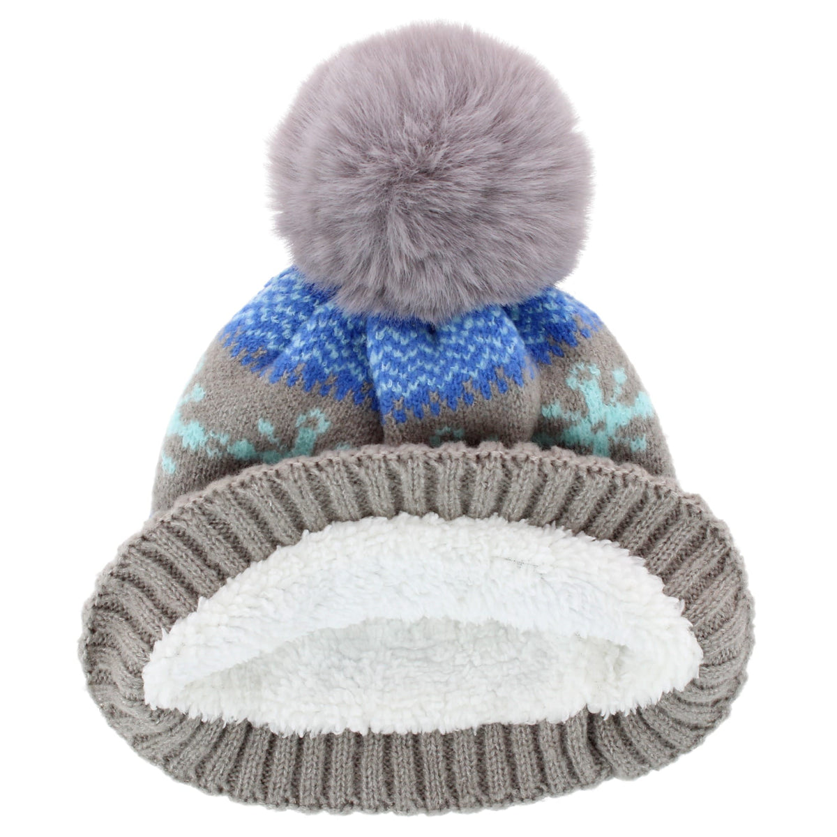 Grand Sierra Girls' Snowflake Fleece Lined Winter Beanie Hat with Faux Fur Pom - Grey