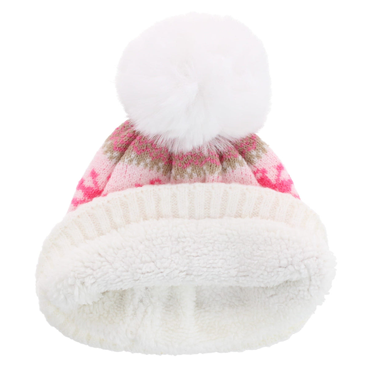 Grand Sierra Girls' Snowflake Fleece Lined Winter Beanie Hat with Faux Fur Pom - White