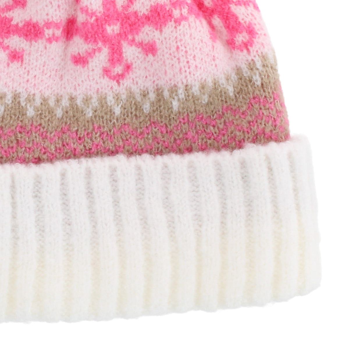 Grand Sierra Girls' Snowflake Fleece Lined Winter Beanie Hat with Faux Fur Pom - White
