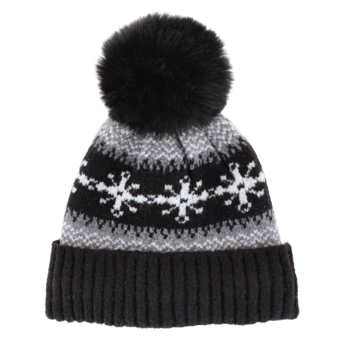 Girls' Snowflake Fleece Lined Winter Beanie Hat with Faux Fur Pom