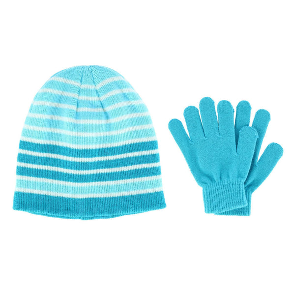 Girl's 7-16 Striped Hat and Solid Gloves Winter Set