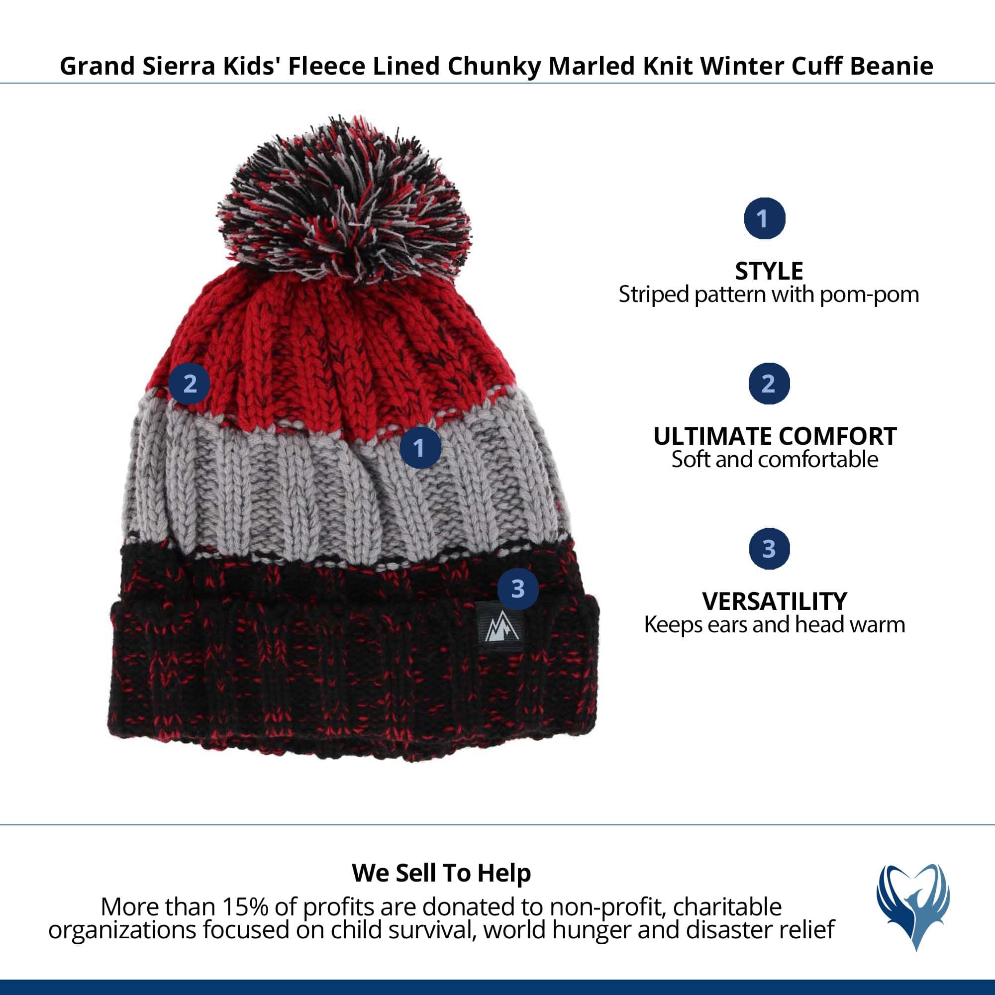 Grand Sierra Kids' Fleece Lined Chunky Marled Knit Winter Cuff Beanie - Red