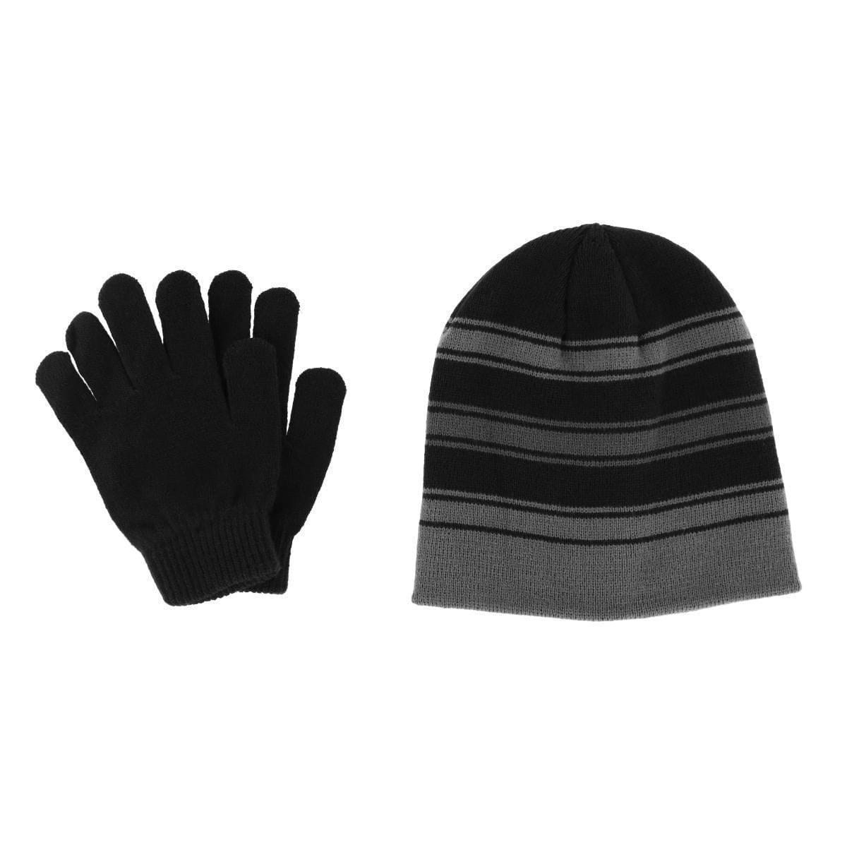 Grand Sierra Kids' 8-12 Striped 2-Piece Winter Beanie and Glove Set - Black