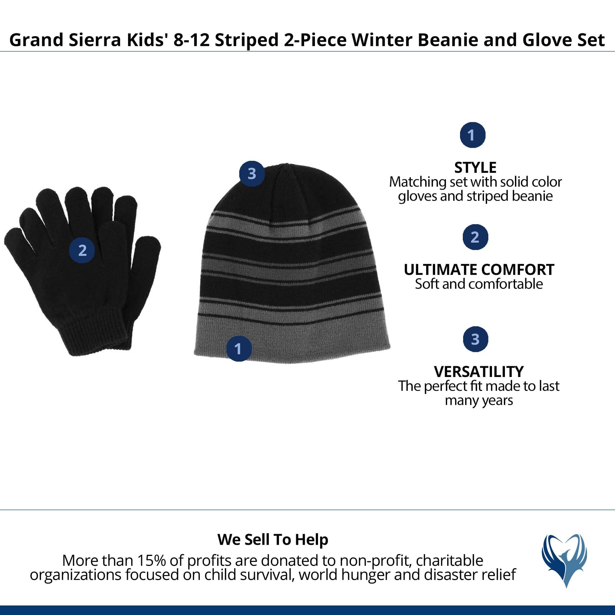 Grand Sierra Kids' 8-12 Striped 2-Piece Winter Beanie and Glove Set - Black