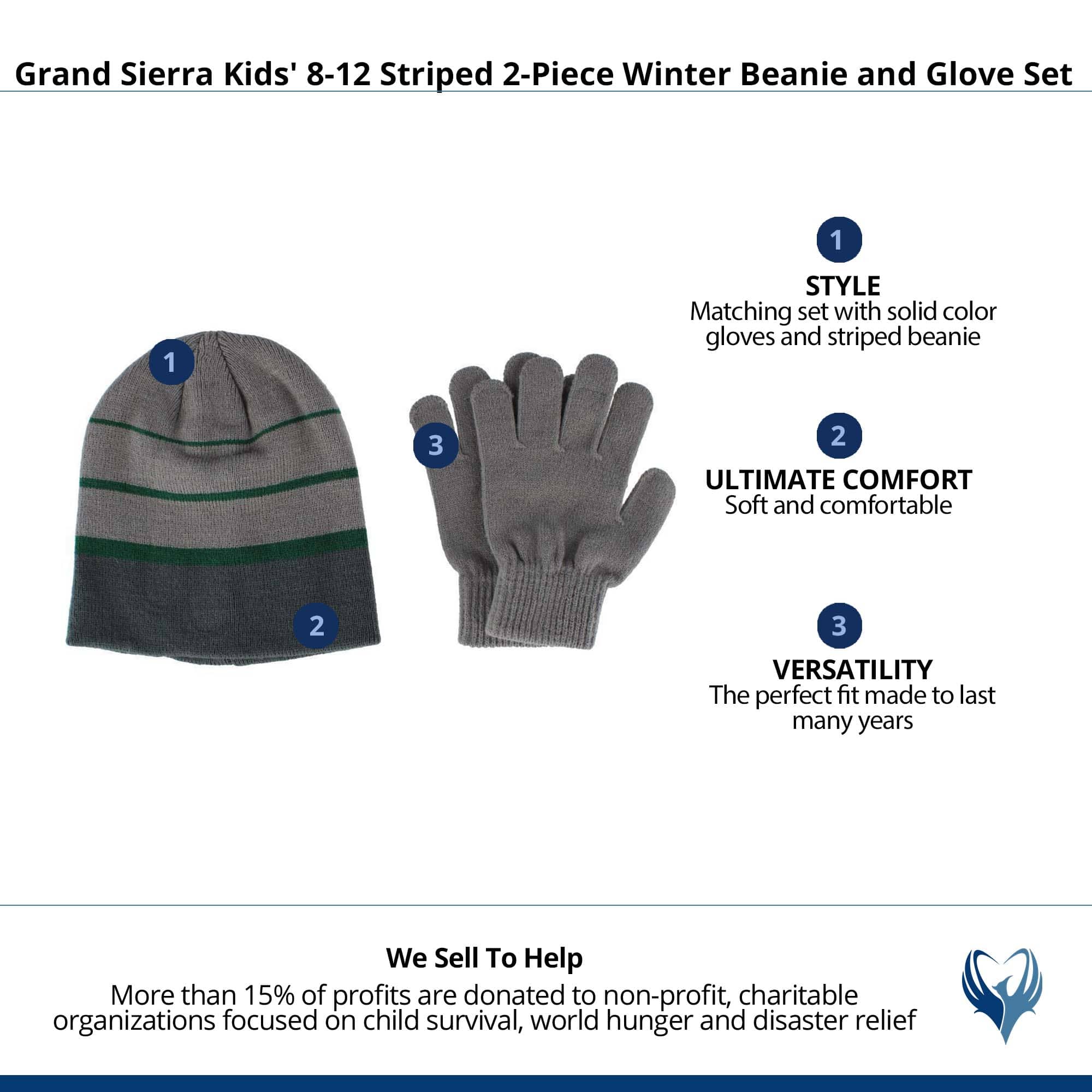 Grand Sierra Kids' 8-12 Striped 2-Piece Winter Beanie and Glove Set - Green