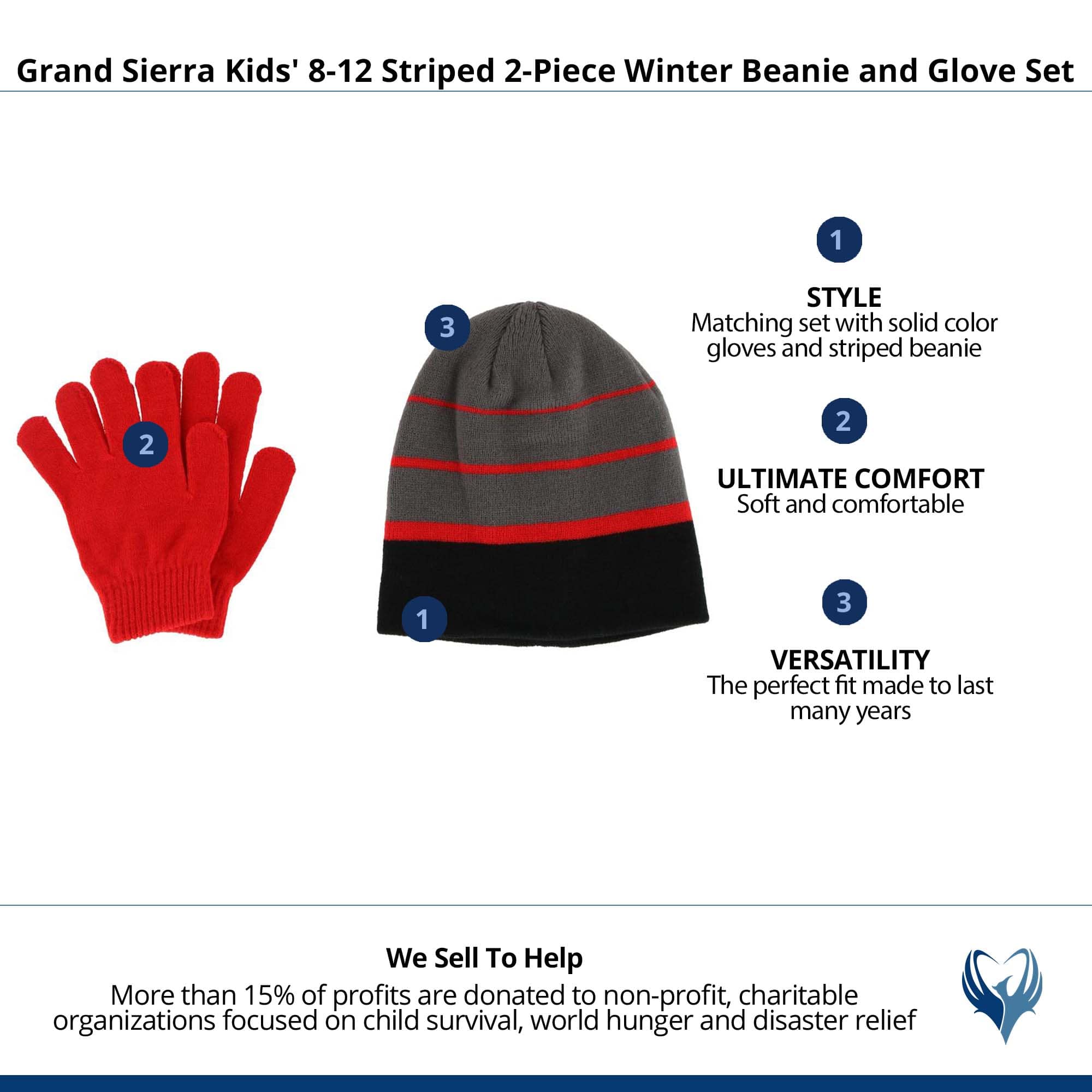Grand Sierra Kids' 8-12 Striped 2-Piece Winter Beanie and Glove Set - Red