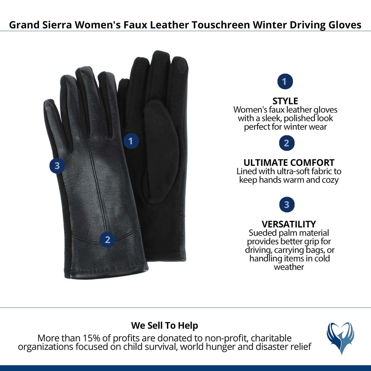 Grand Sierra Women's Faux Leather Touschreen Winter Driving Gloves - Black