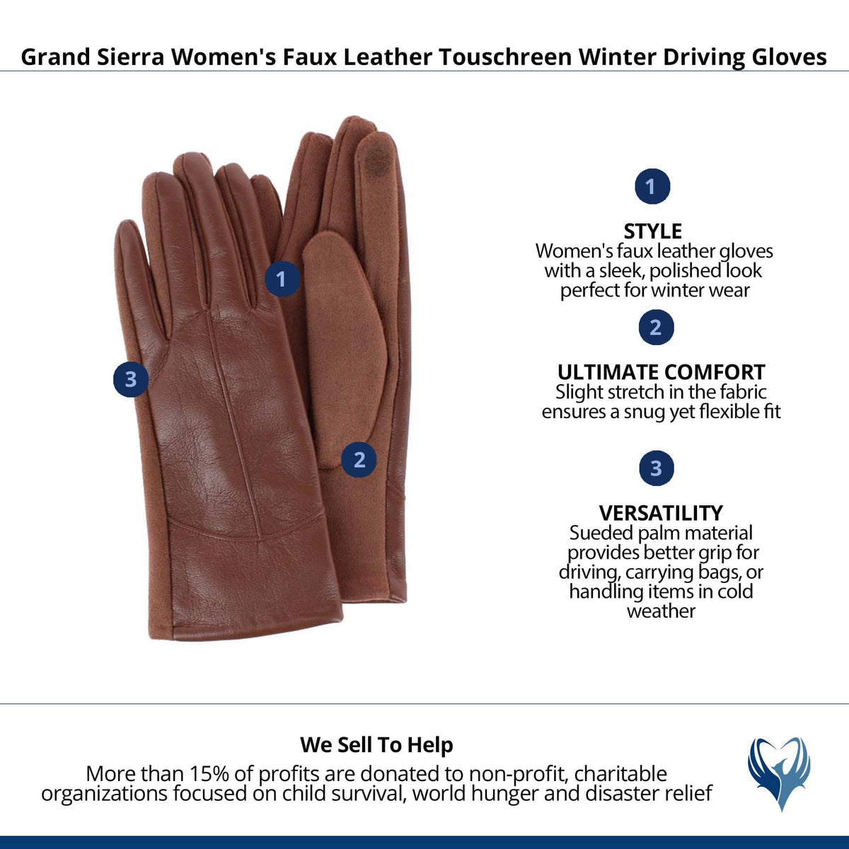 Grand Sierra Women's Faux Leather Touschreen Winter Driving Gloves - Brown