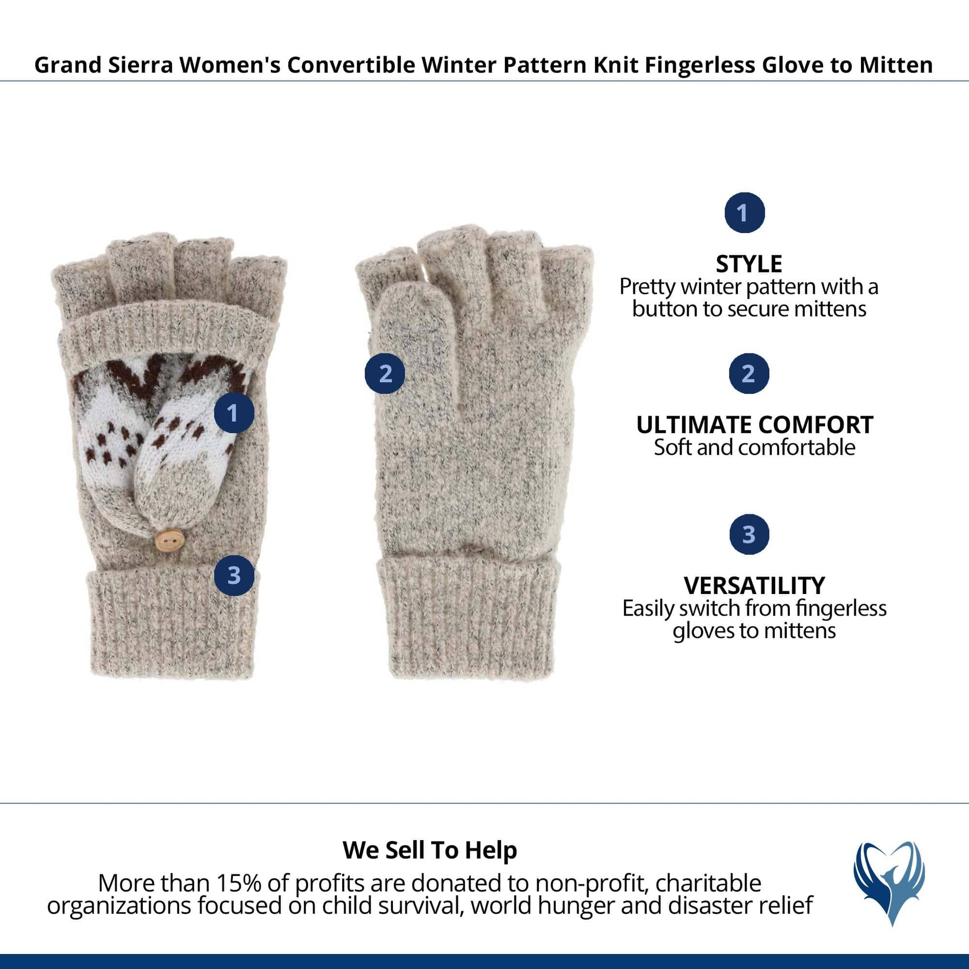 Grand Sierra Women's Convertible Winter Knit Fingerless Glove to Mitten - Beige