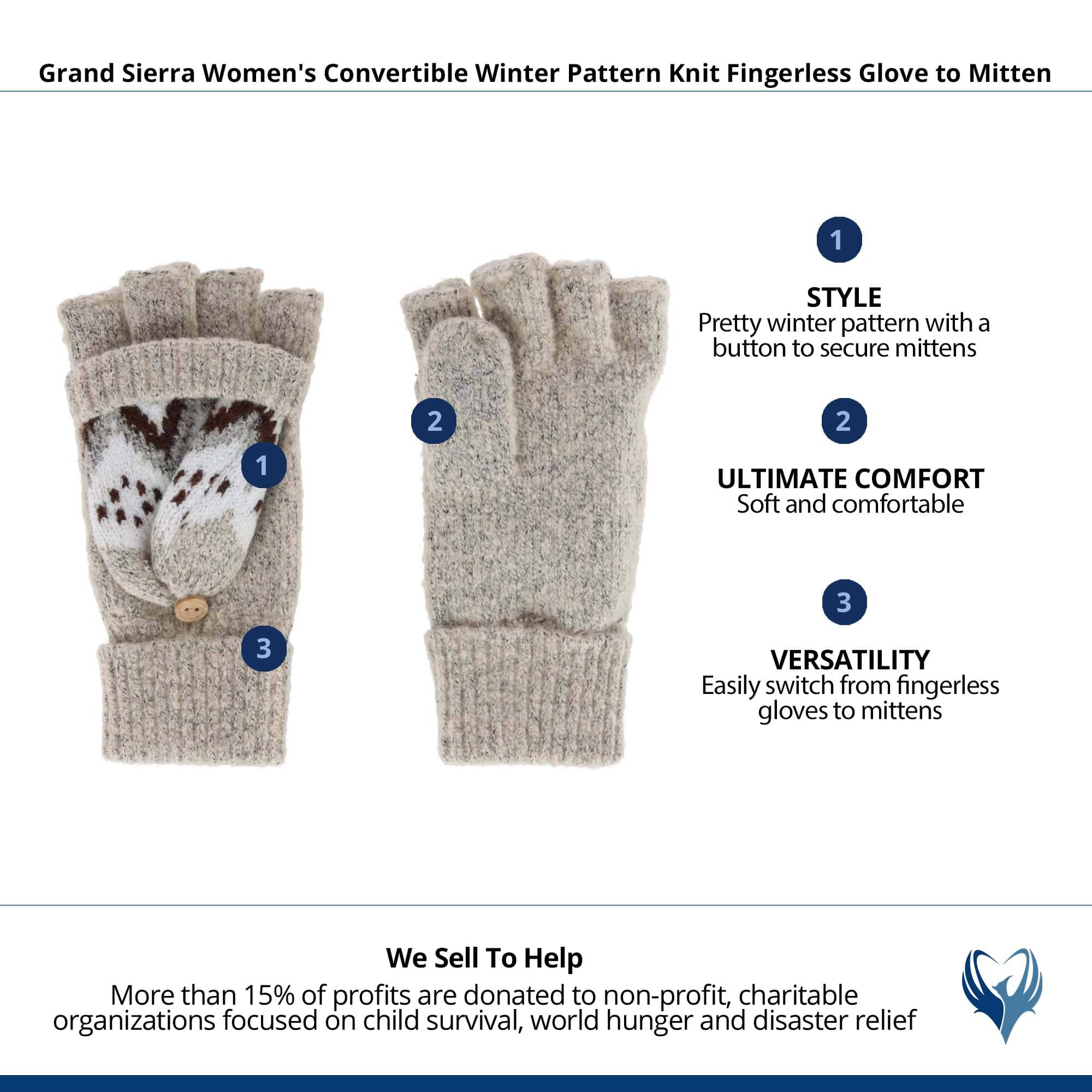 Grand Sierra Women's Convertible Winter Knit Fingerless Glove to Mitten - Beige