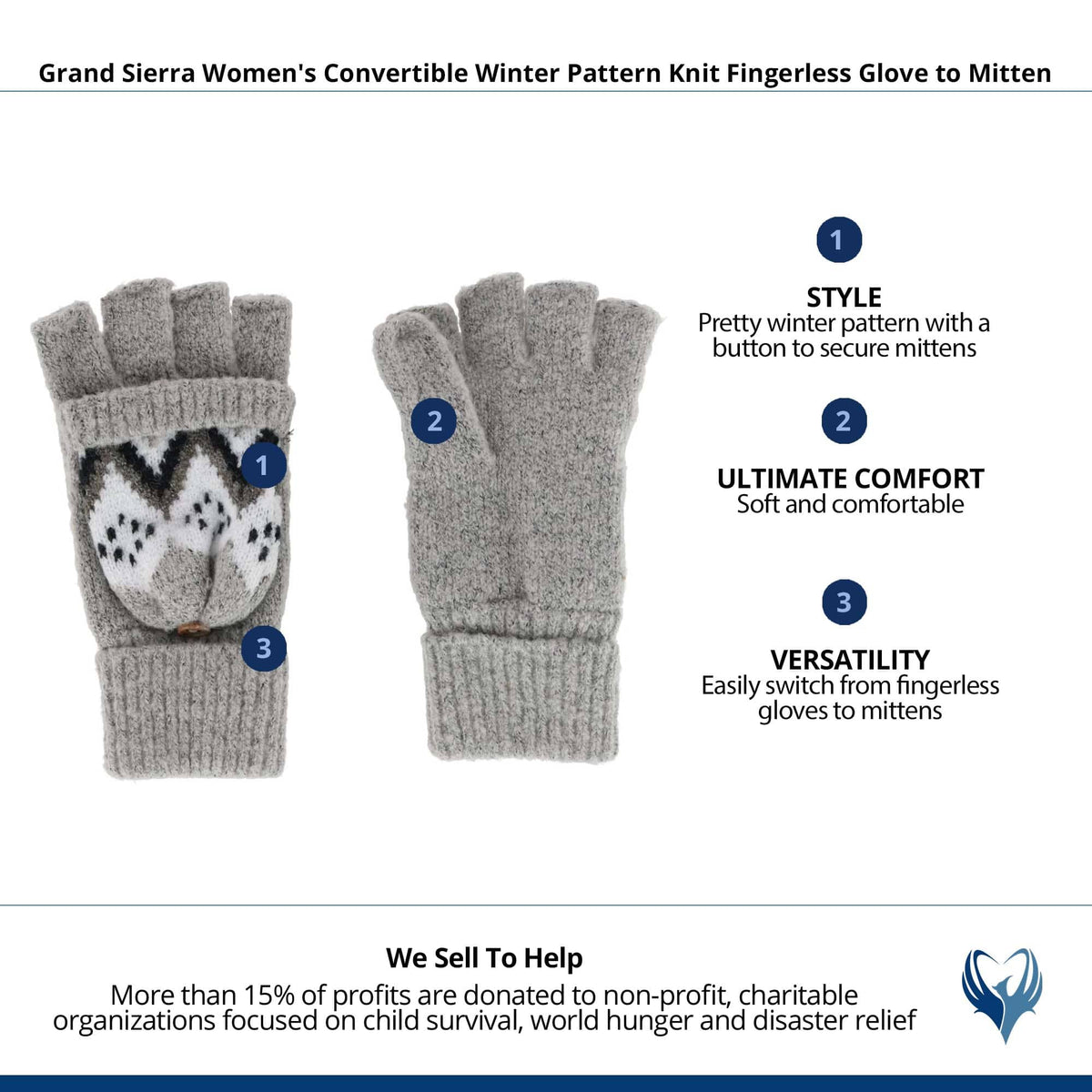 Grand Sierra Women's Convertible Winter Knit Fingerless Glove to Mitten - Gray