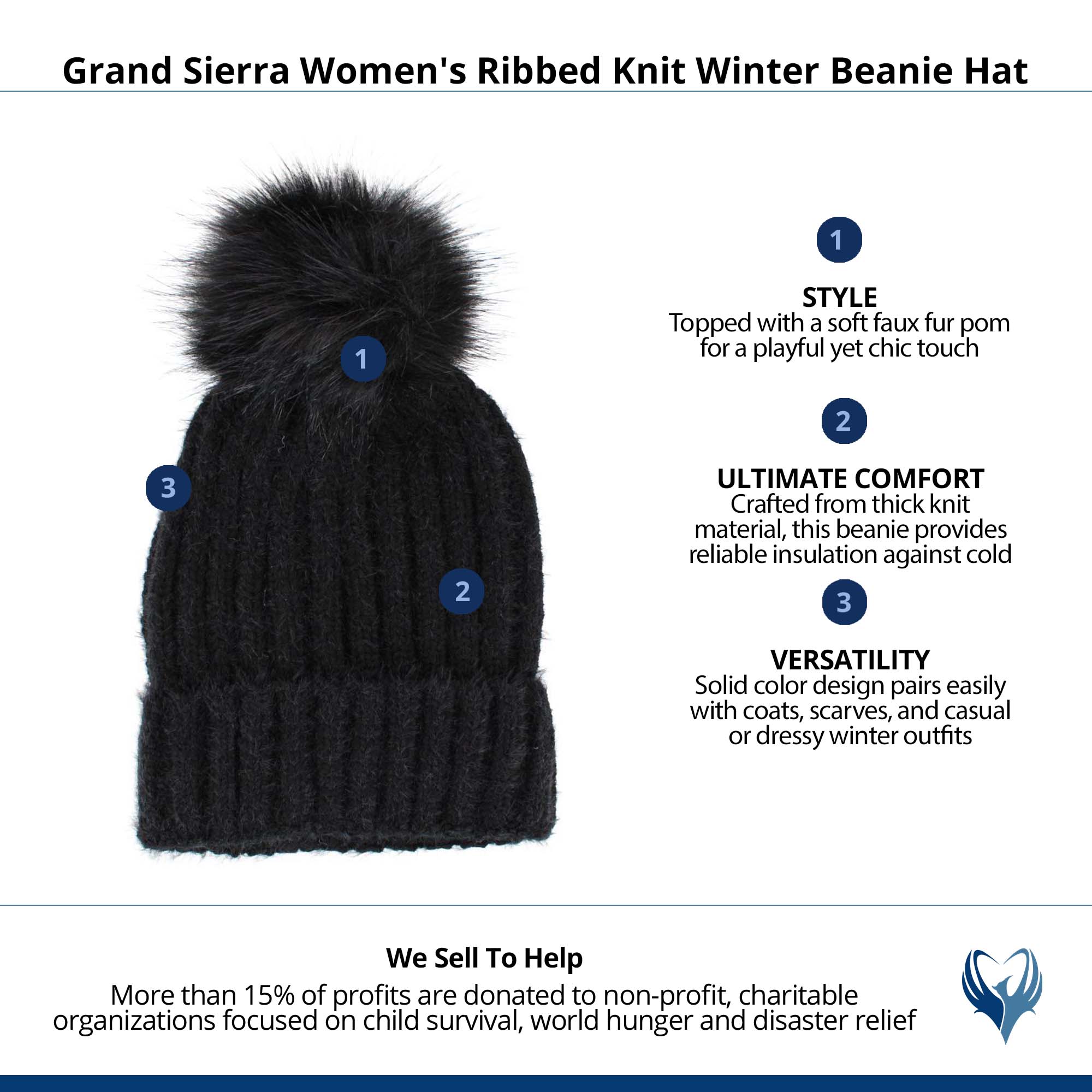 Grand Sierra Women's Ribbed Knit Winter Beanie Hat - Black