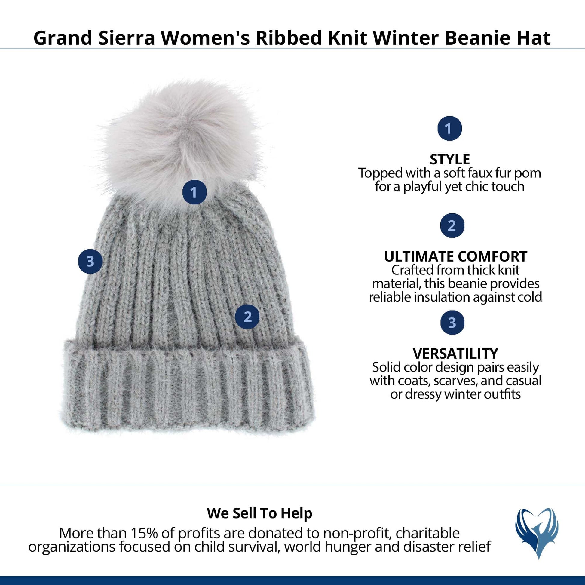 Grand Sierra Women's Ribbed Knit Winter Beanie Hat - Grey
