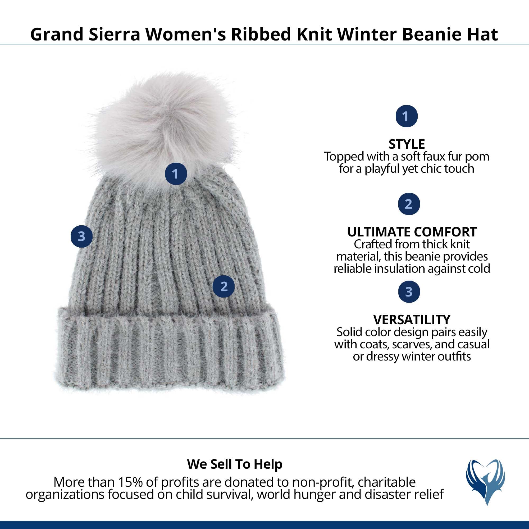 Grand Sierra Women's Ribbed Knit Winter Beanie Hat - Grey