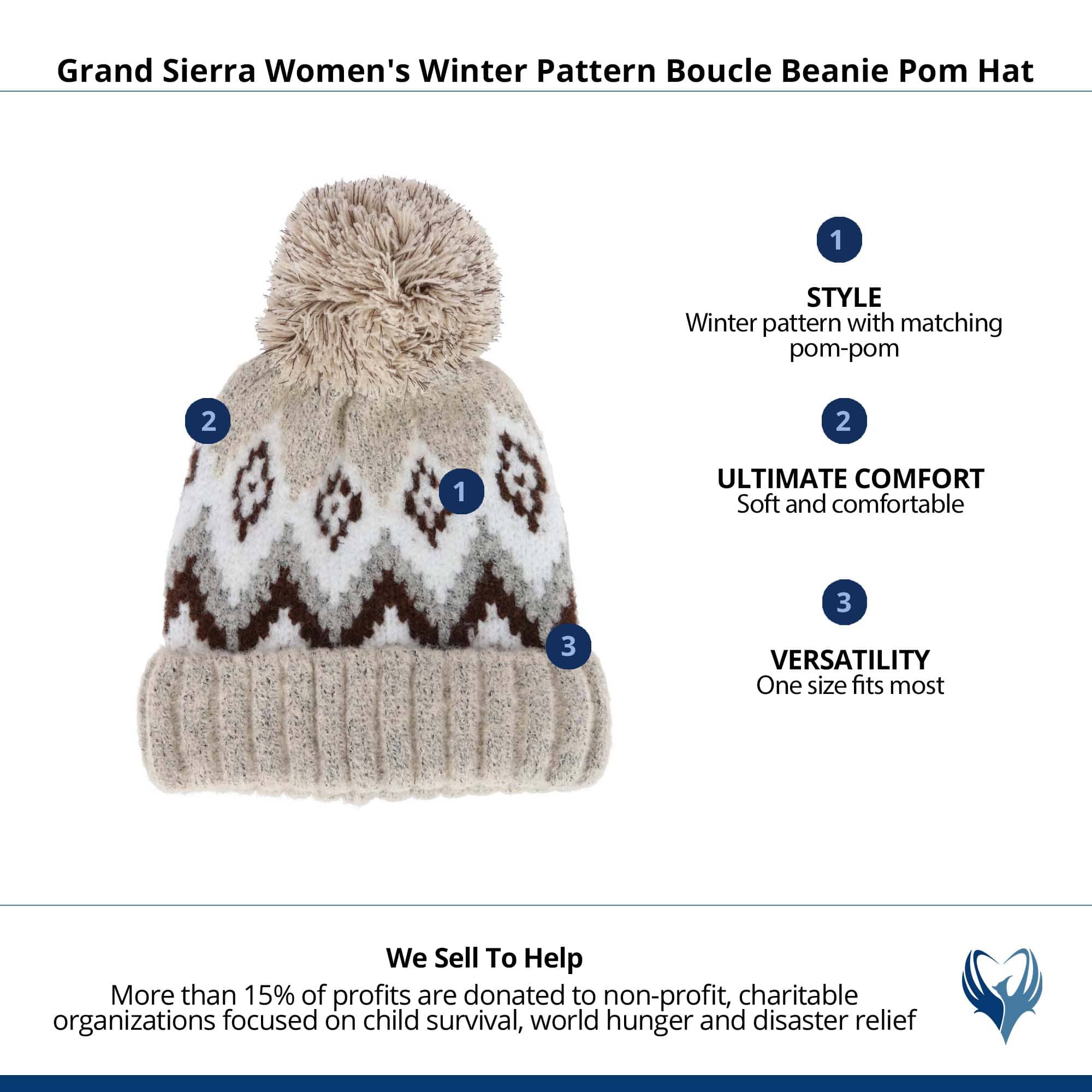 Grand Sierra Women's Winter Pattern Boucle Beanie Pom Hat - Beige