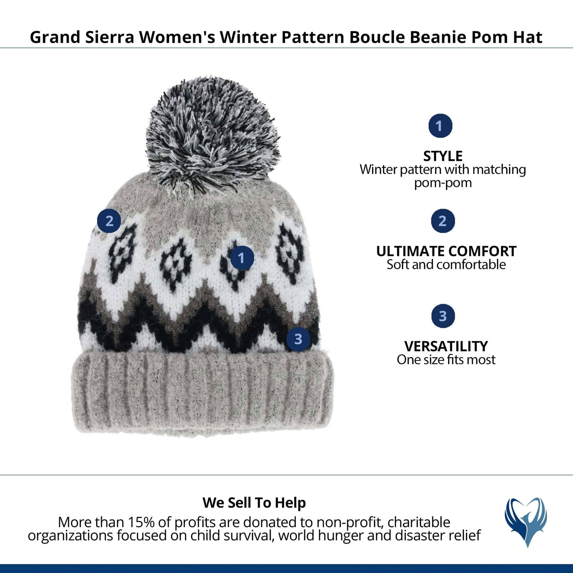 Grand Sierra Women's Winter Pattern Boucle Beanie Pom Hat - Gray