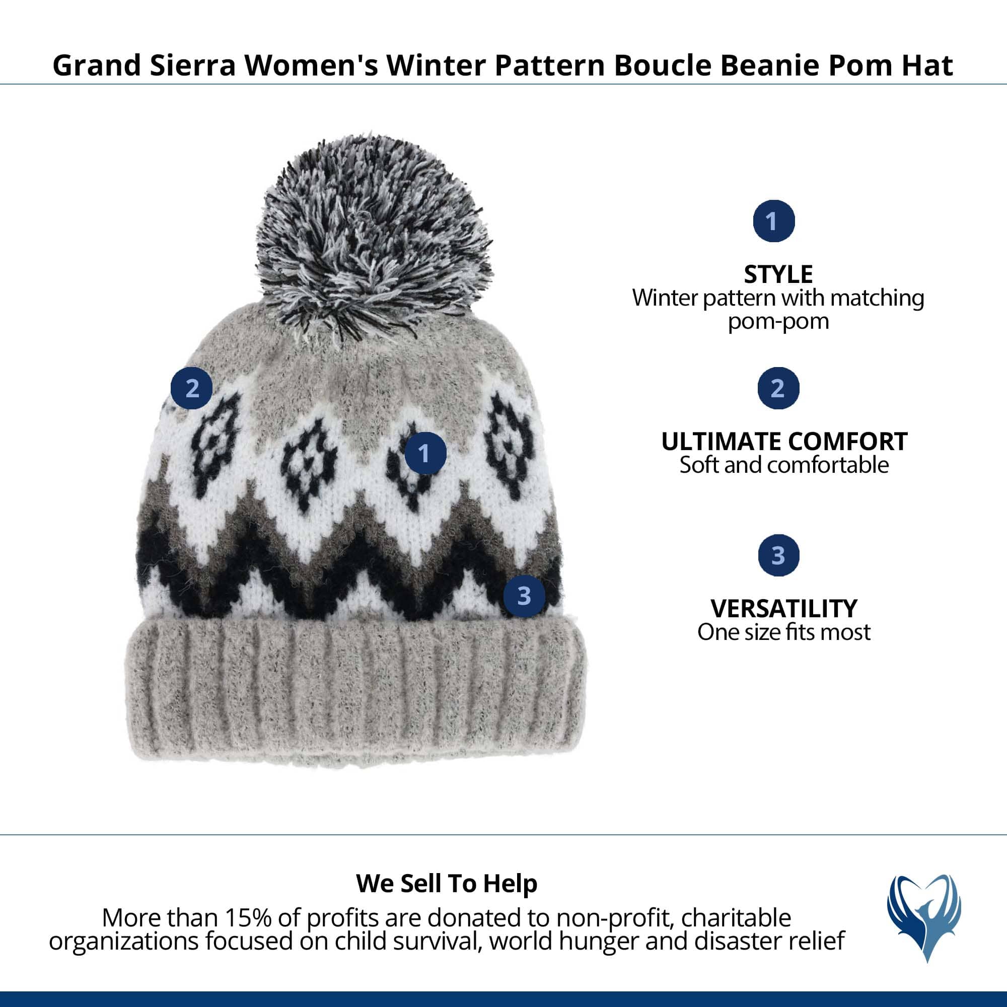 Grand Sierra Women's Winter Pattern Boucle Beanie Pom Hat - Gray