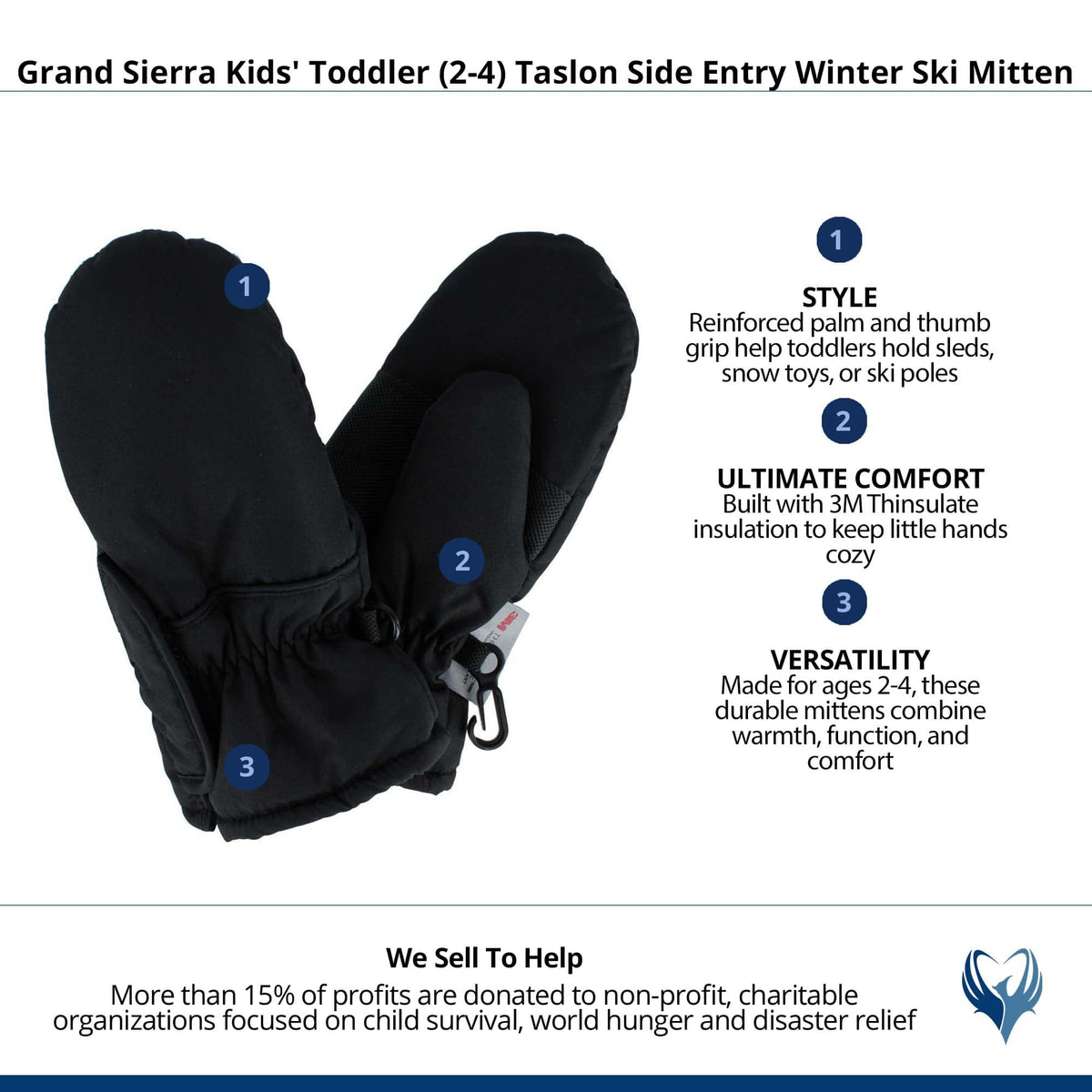 Grand Sierra Kids' Toddler (2-4) Taslon Side Entry Winter Ski Mitten - Black