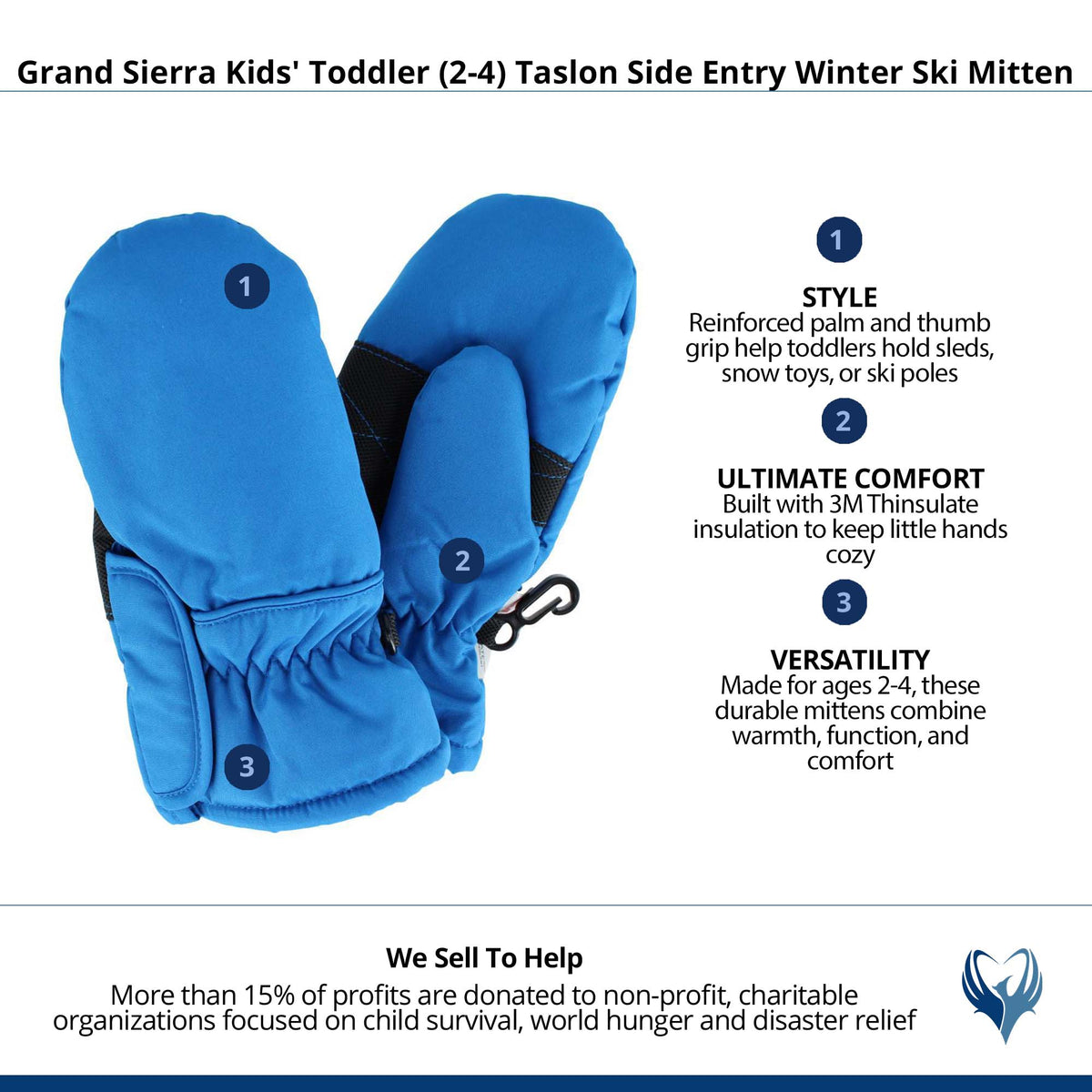 Grand Sierra Kids' Toddler (2-4) Taslon Side Entry Winter Ski Mitten - Blue