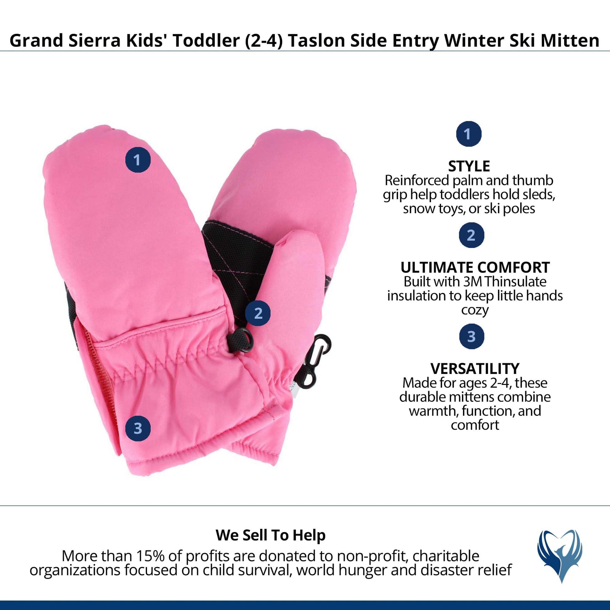 Grand Sierra Kids' Toddler (2-4) Taslon Side Entry Winter Ski Mitten - Pink