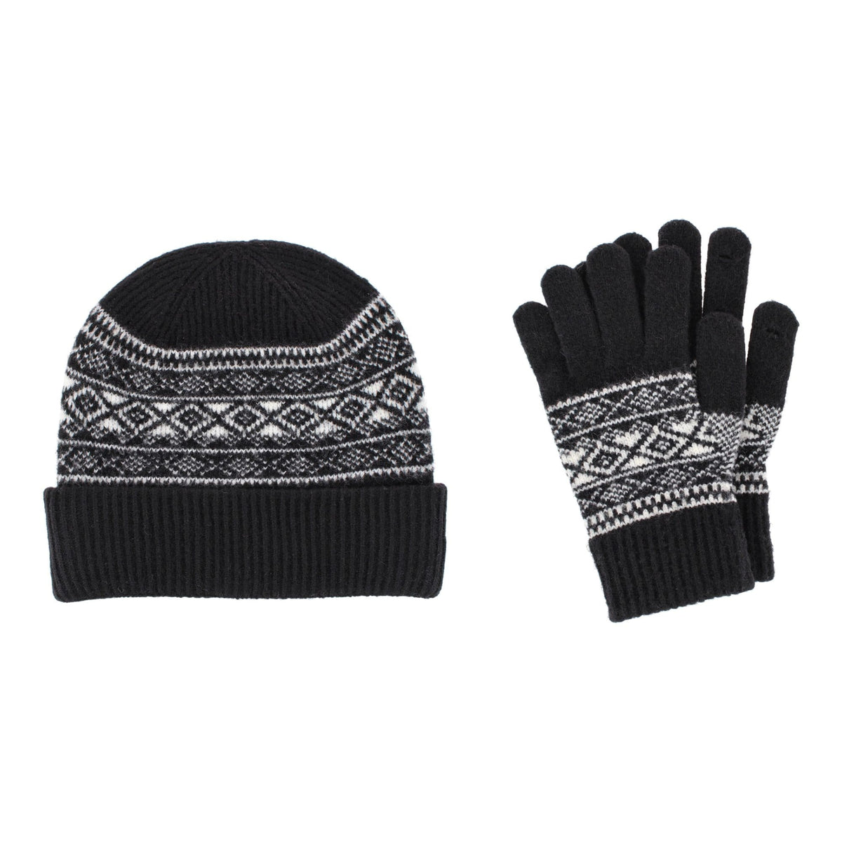 Grand Sierra Women's Fair Isle Knit Winter Beanie & Gloves Bundle - Black