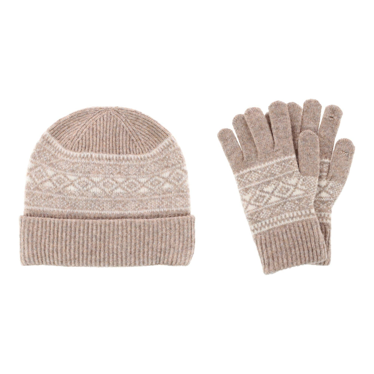 Grand Sierra Women's Fair Isle Knit Winter Beanie & Gloves Bundle - Tan
