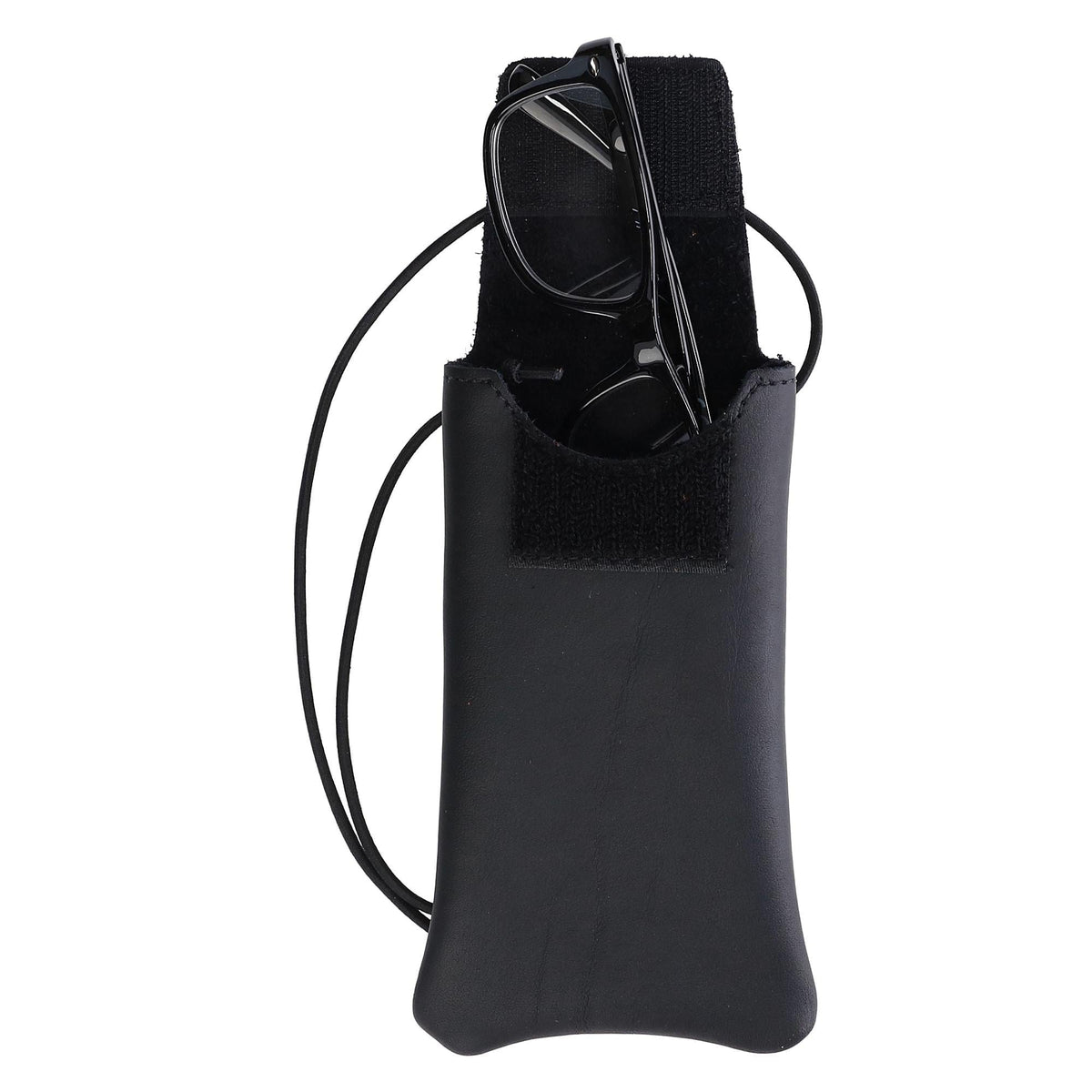Boston Leather Solid Leather Eyeglass Case with Neck String - Black