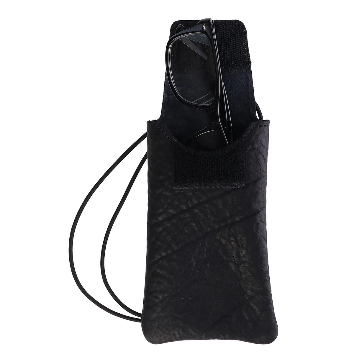 Boston Leather Textured Bison Leather Eyeglass Case with Neck String - Black