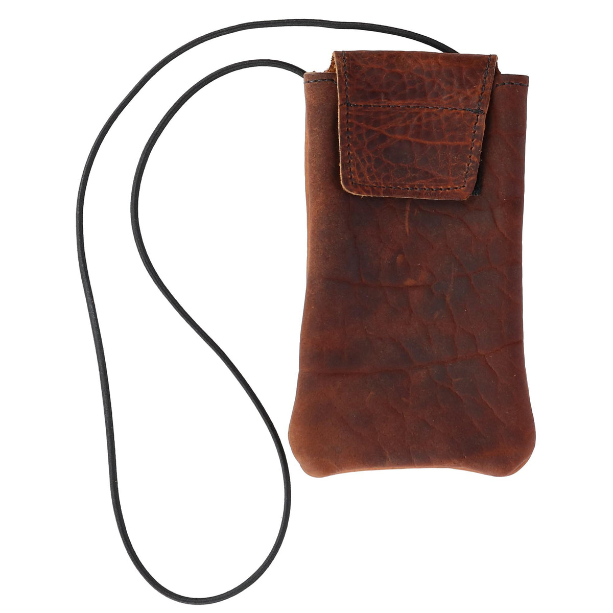 Boston Leather Textured Bison Leather Eyeglass Case with Neck String - Dark Pecan